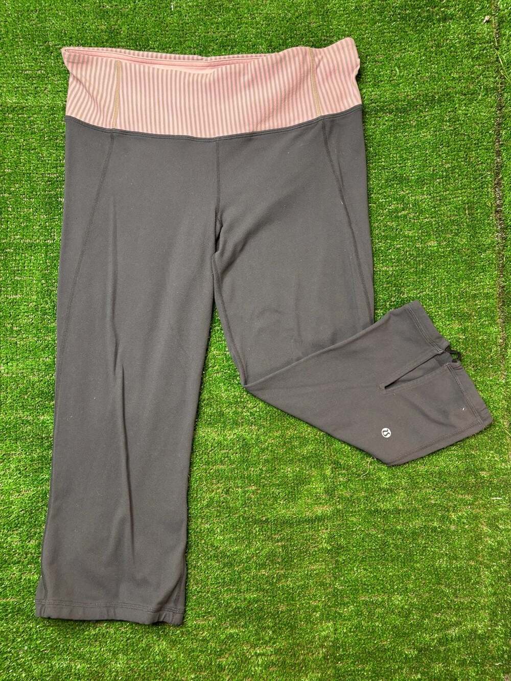 Lululemon Gray and Pink Striped Waistband Capri Pants with Cuff Slits